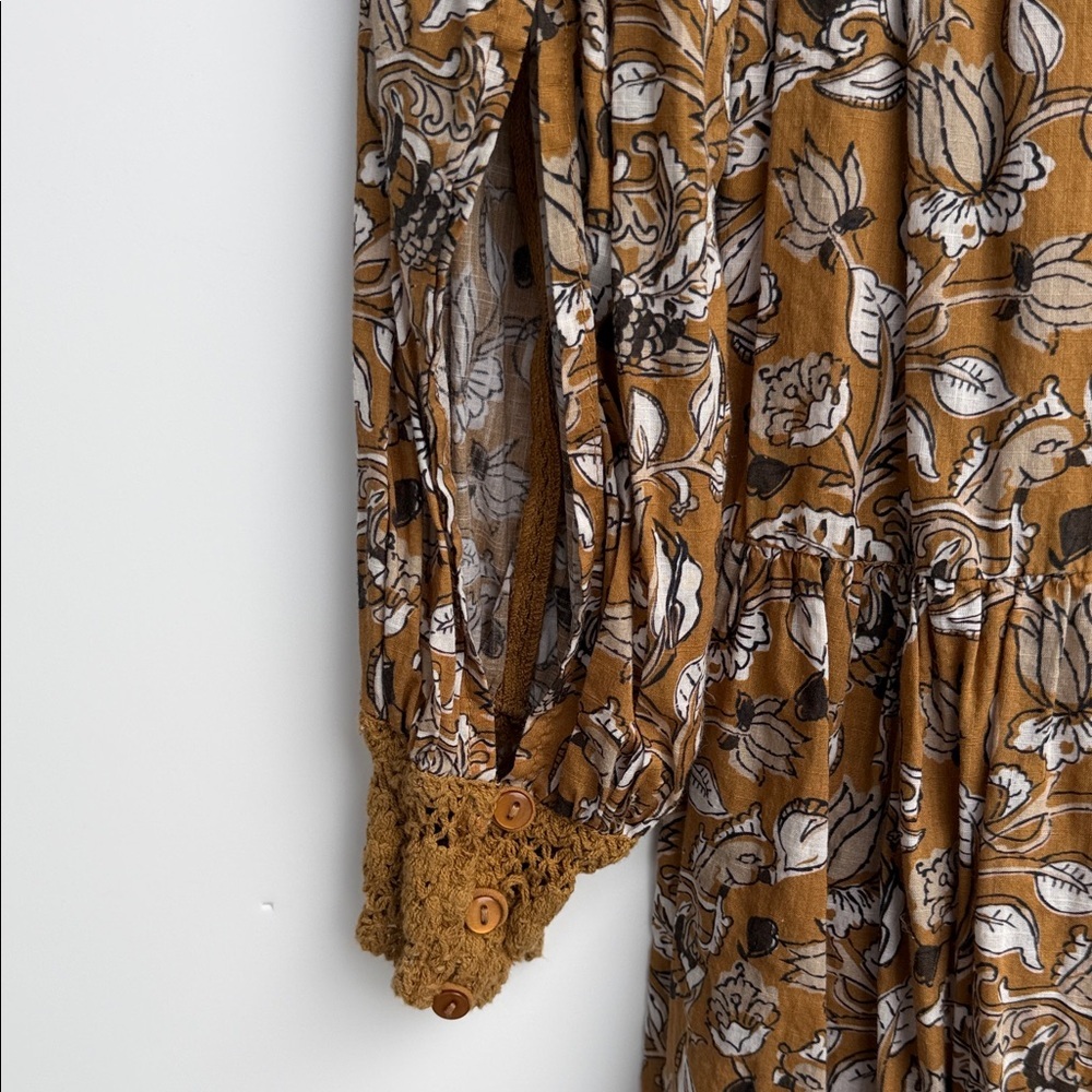 Anthropologie Floral Tiered Cottagecore Boho Dress Petite 6P Mustard Botanical - Picture 11 of 16